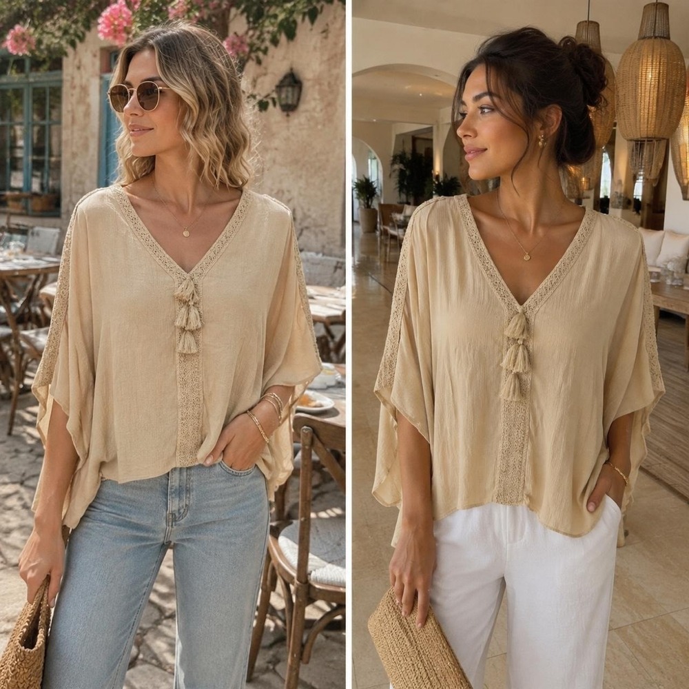 Lilly Pulitzer S/M Blouse Tan Rayon Tassel Boho Poncho Fairy Cottagecore Neutral